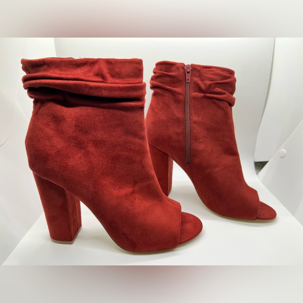 JustFab Blakeney Red Suede Peep-Toe Ankle Boots Size 8.5M